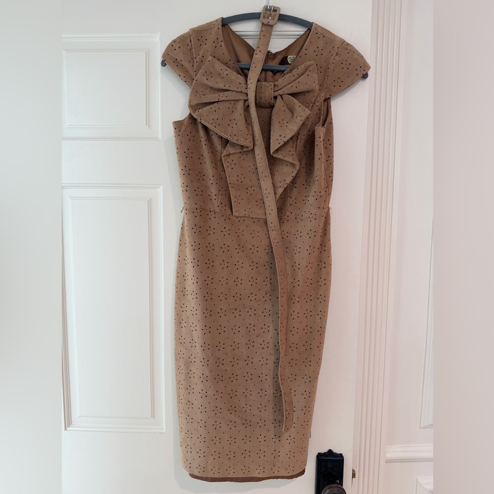 Eva Franco Tan  Midi Dress with Bow Accent